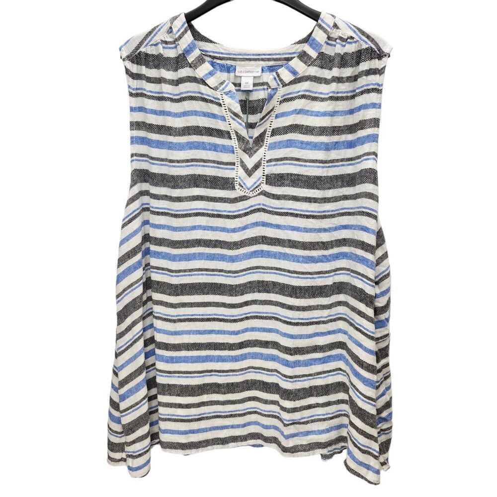 Liz Claiborne Linen Blend Top Shirt Womens 4X Blue Striped Sleeveless Coastal